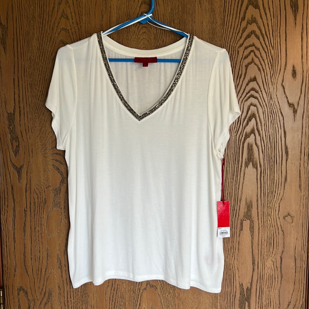 Jennifer Lopez Cream Top with Sparkly V-Neck, Size L, New with Tags
